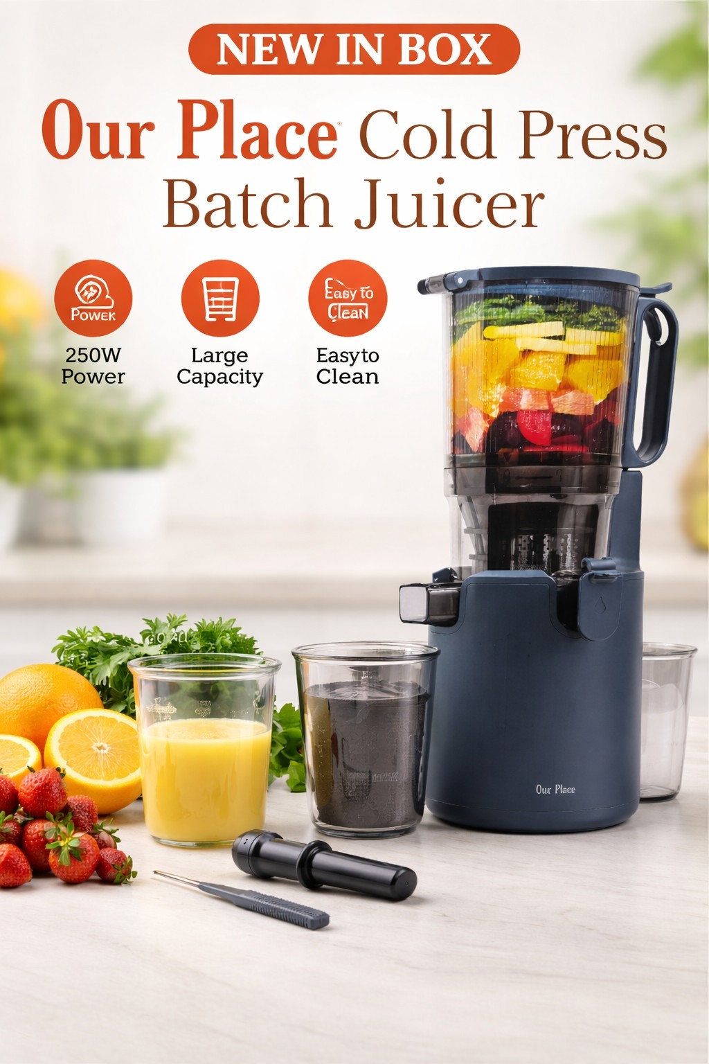Our Place Cold Press Batch Juicer 250W Blue, Easy Clean, 5 Components, 1.5qt