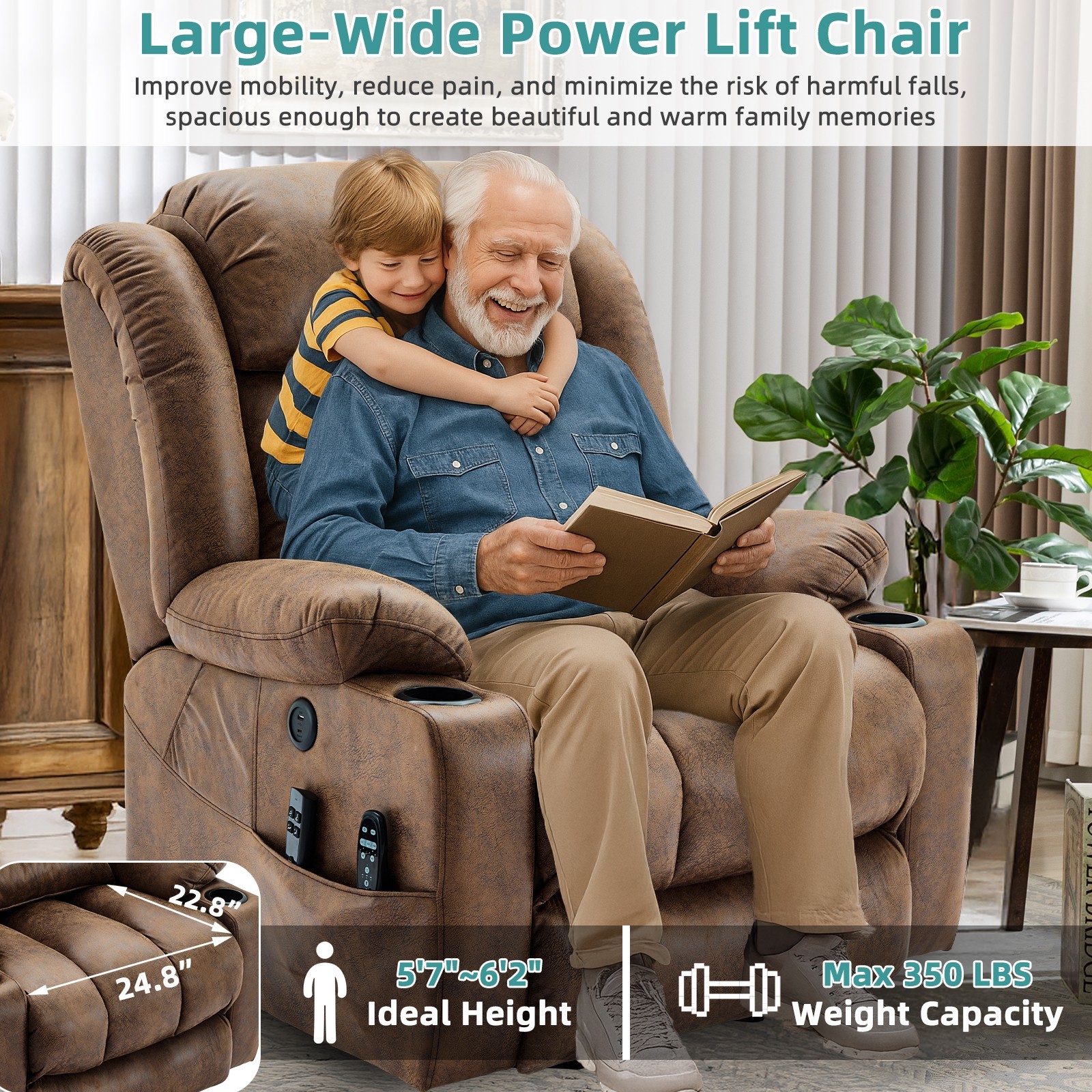 Oversized Dual Motor Power Lift Chair Lay Flat Lift Recliner with Massage & Heat
