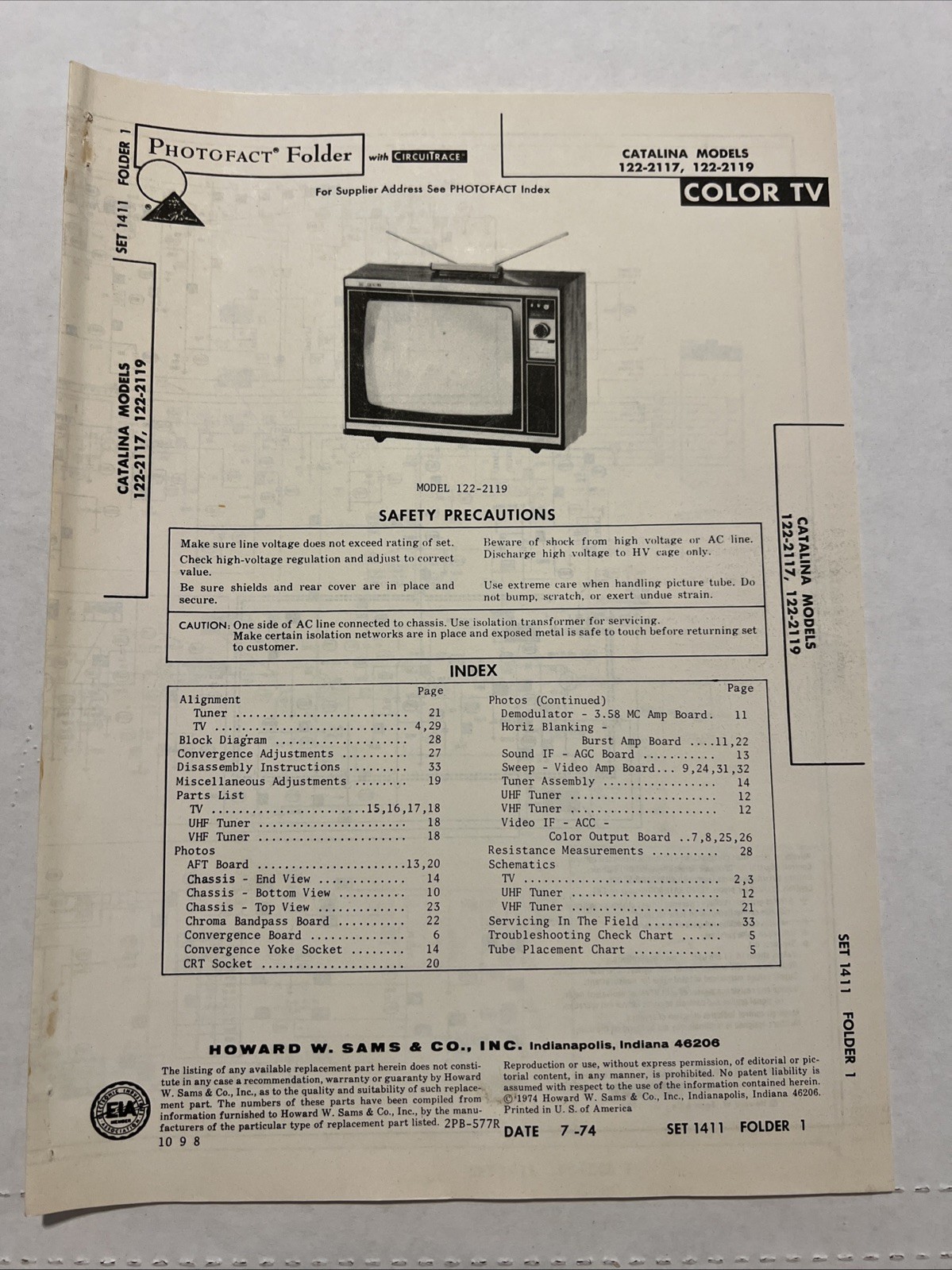 Vintage Sams Photofact Schematic 7-1974 CATALINA MODELS 122-2117, 122-2119