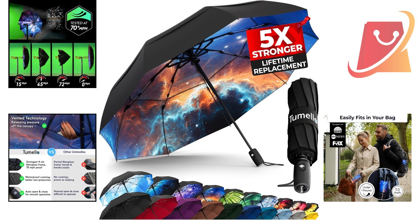 Windproof Travel Umbrella Compact Lightweight Automatic Rain Backpack Car Use