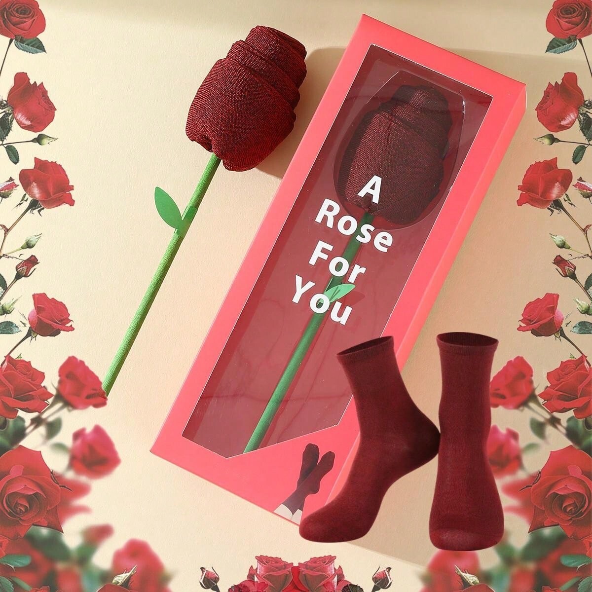 1 Pair Unisex Crew Socks With Unique Rose Flower Gift Box, Valentines Gift