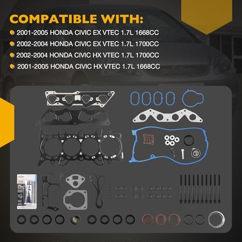 1.7 Engine Cylinder Head Gasket with Timing Belt, Compatible with 2001-2005