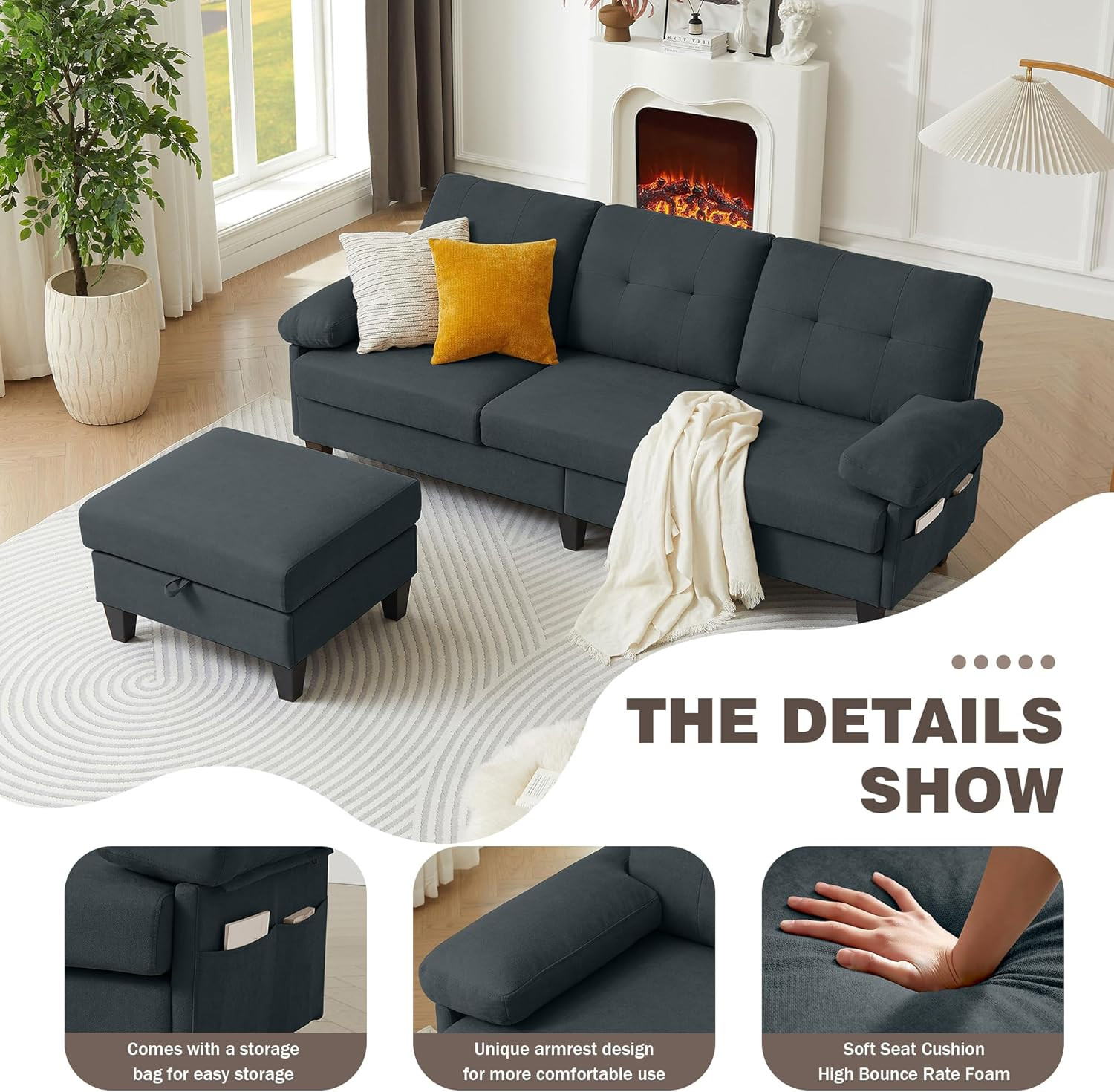 85" L-Shaped Convertible Sofa with Storage Ottoman in Dark Grey