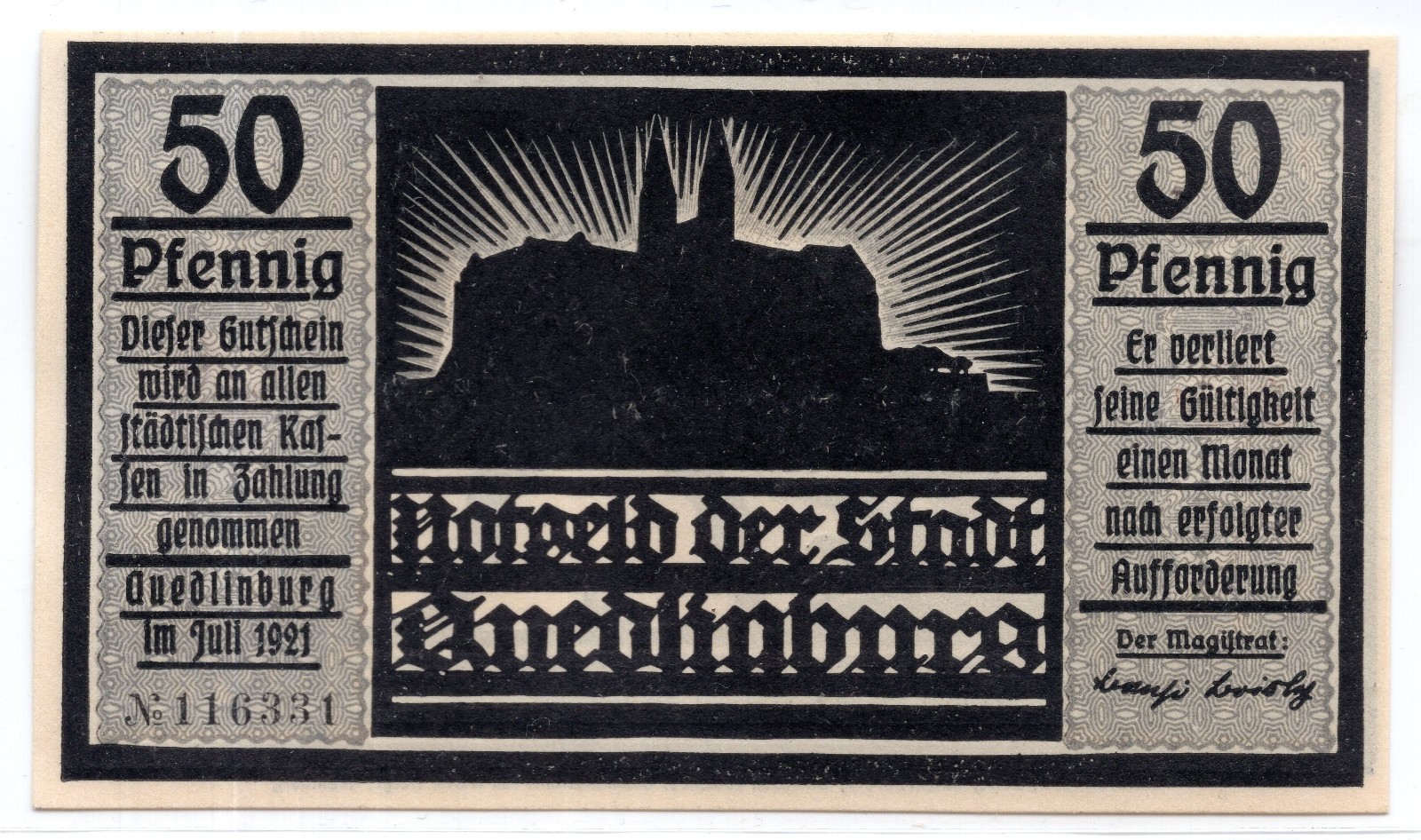 1921 Germany Quedlinburg Notgeld 50 Pfennig Note (NG181)