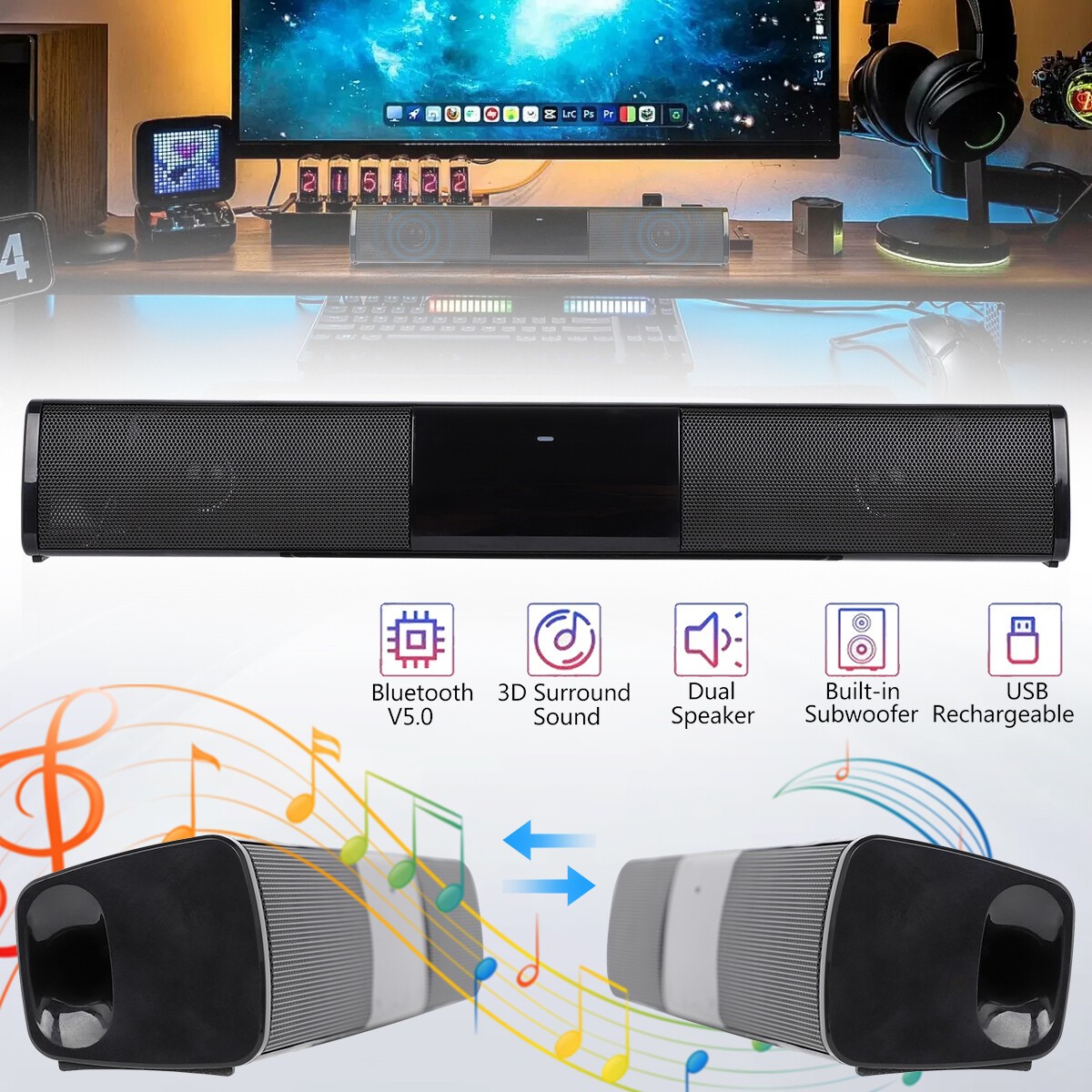 Surround TV Sound Bar System 4 Speaker Wireless Bluetooth Subwoofer Home Theater