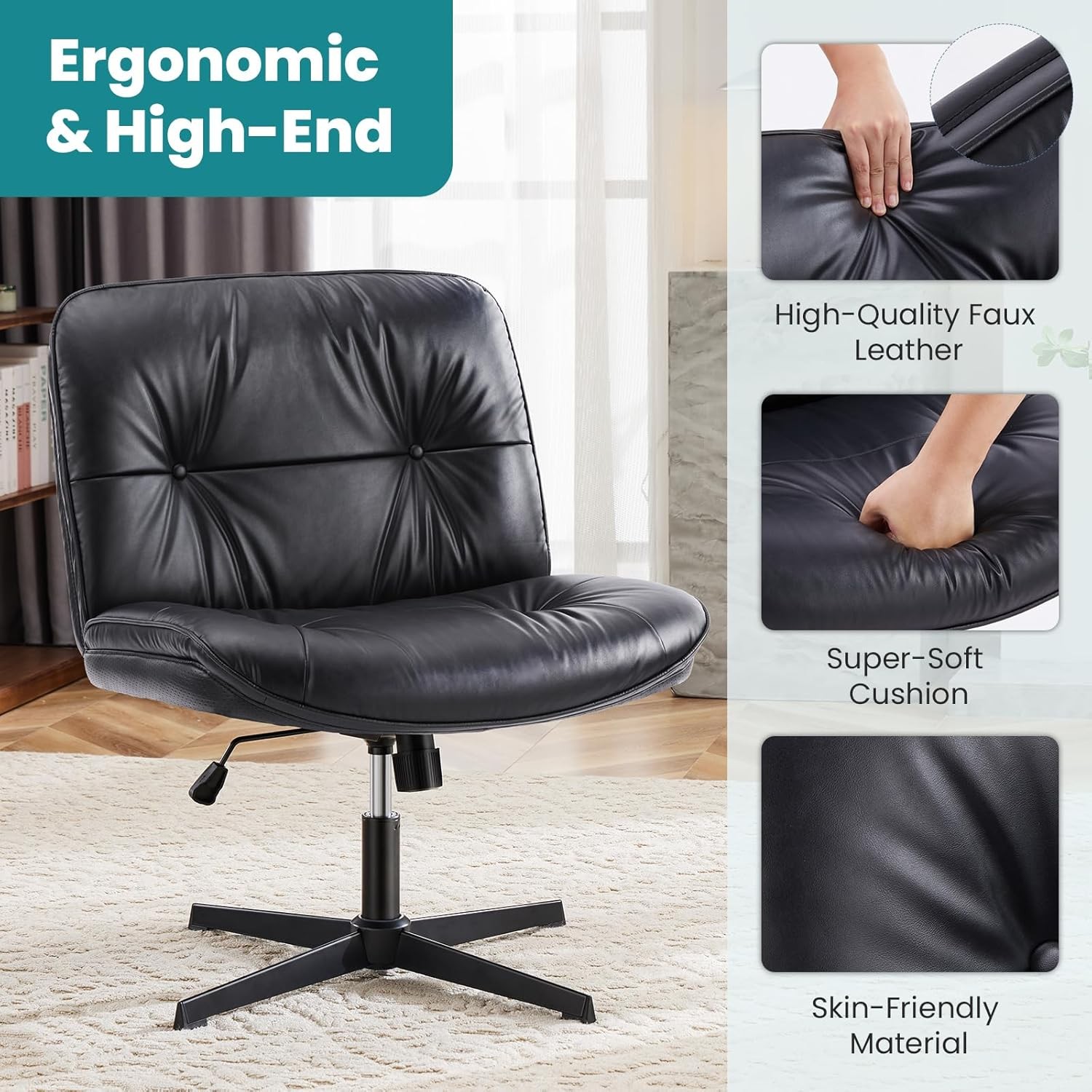 Armless Criss Cross Office Chair Wide PU Leather Swivel Black No Wheels