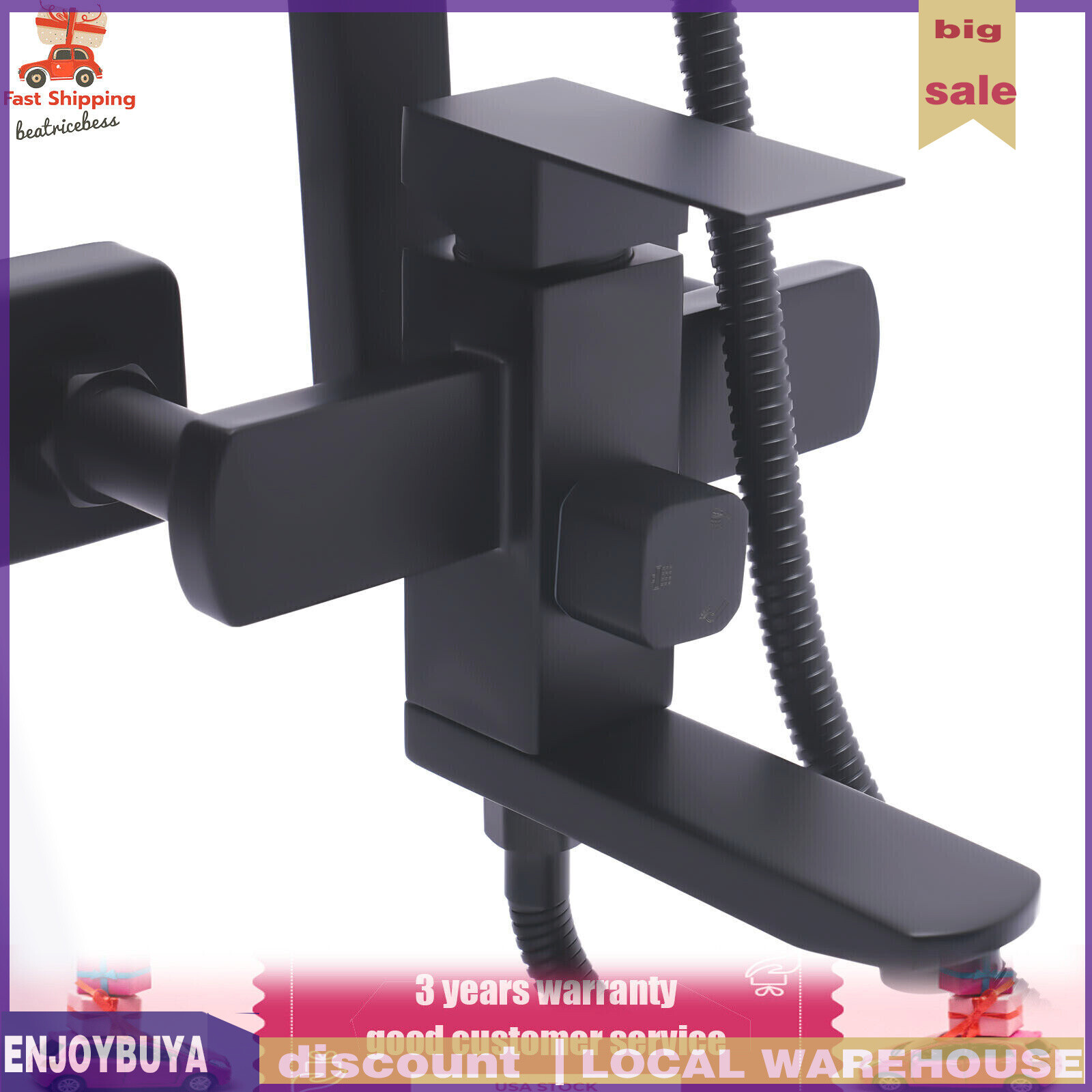 Shower Faucet Set System Rainfall Shower Head Handle Combo Kit Wall Mount Black