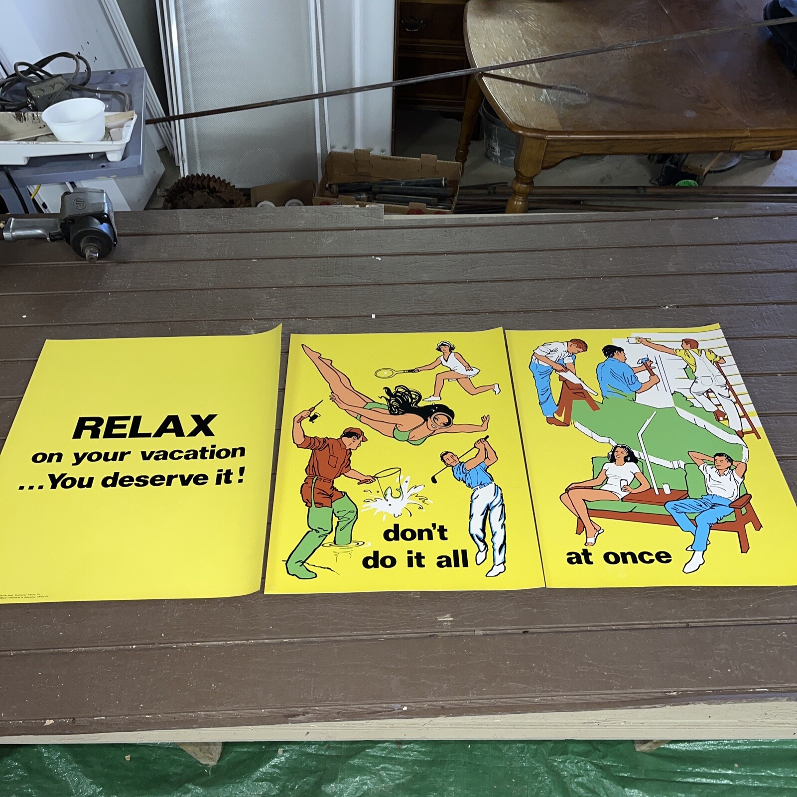 Vintage CAT Employee 3 Poster Sign - Relax On Vacation - Swimming Fishing Golf