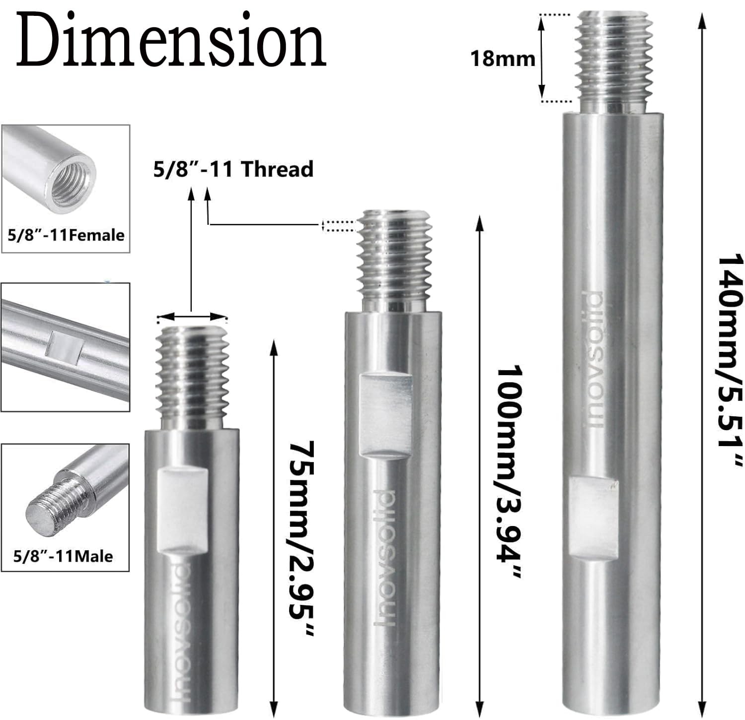 Inovsolid 3 Pcs 5/8'' -11 Thread Angle Grinder Shaft Extension Silver