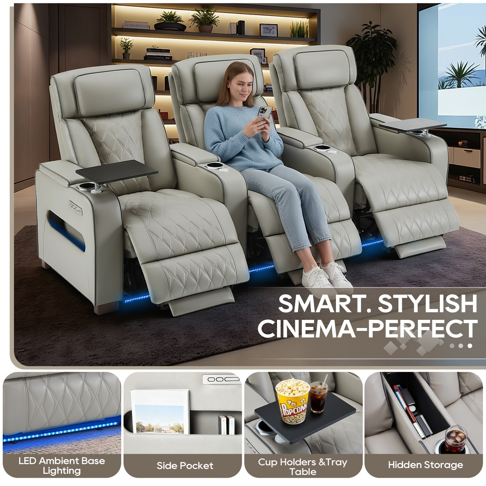 Home Theater Seating Power Recline Sofa With Powered Headrests, Table