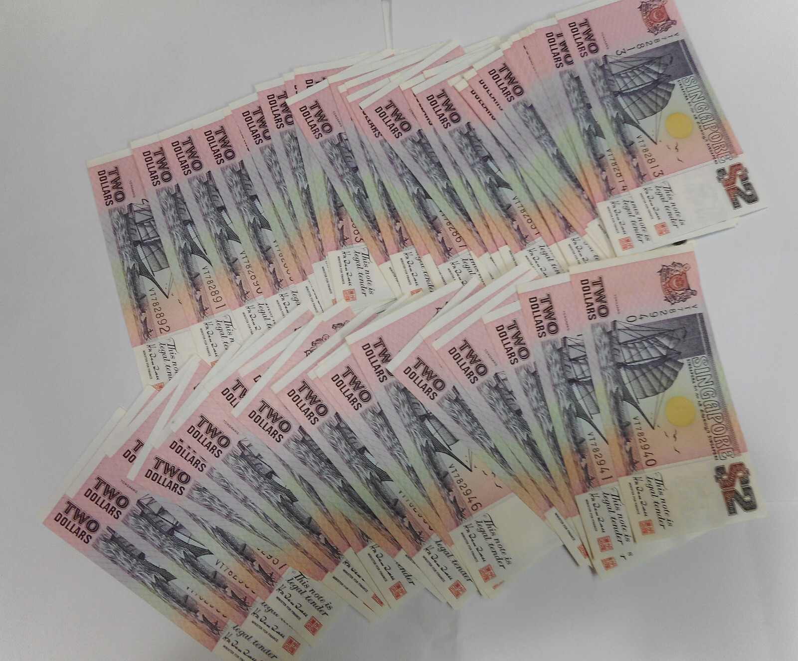 100 Singapore $2 boat / ship series, two dollars Purple, 1991, UNC consecutive