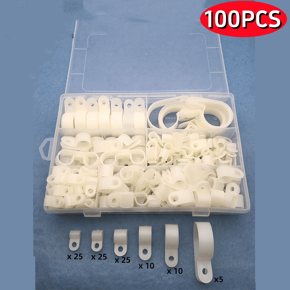 100pcs White Plastic R Type Cable Clamp Wire Cord Clip Screw Mounting 6 Sizes