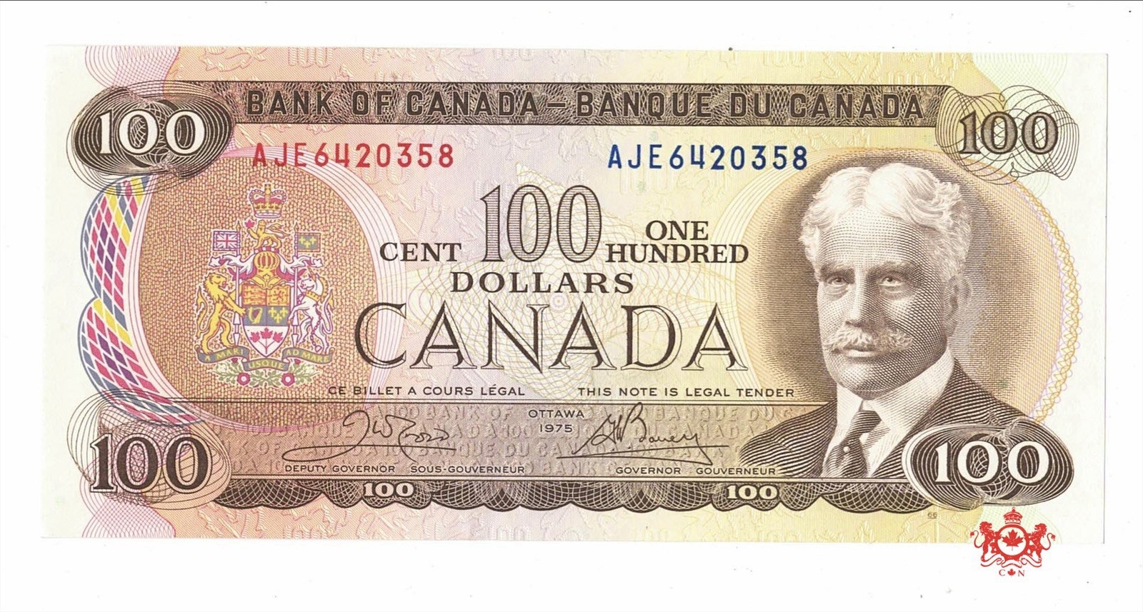 1975 Bank Of Canada 100$ Crow/Bouey AJE6420358 - AU58 - BC-52b
