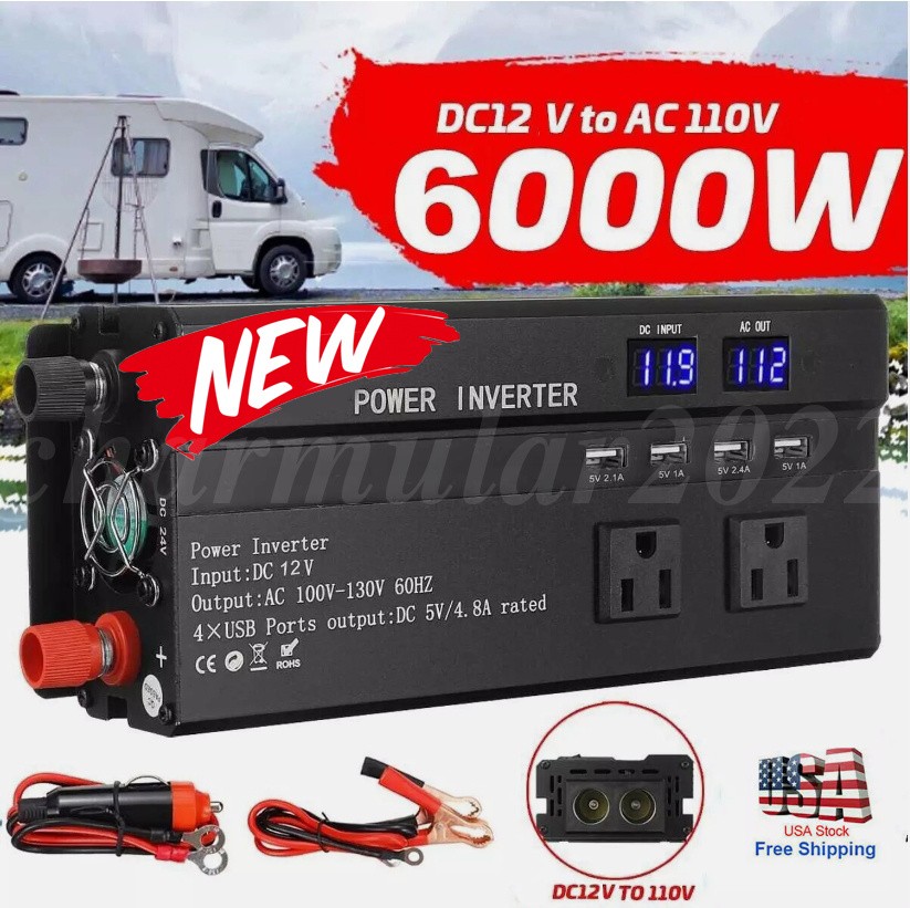 NEW 6000W Car Power Inverter DC 12V To AC 110V Pure Sine Wave Solar Converter