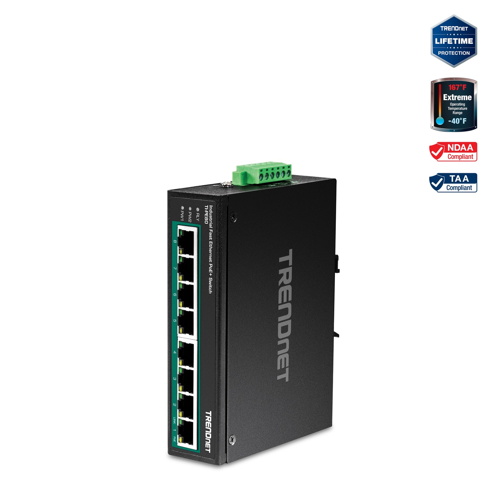 TRENDnet TI-PE80 8-Port Industrial Fast Ethernet PoE+ DIN-Rail Switch