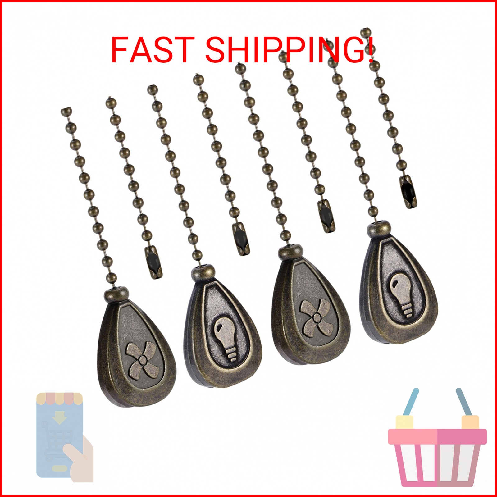 4 Pack Bronzed Ceiling Fan Pull Chain Extension, 12 Inches Classic Drop Shaped P