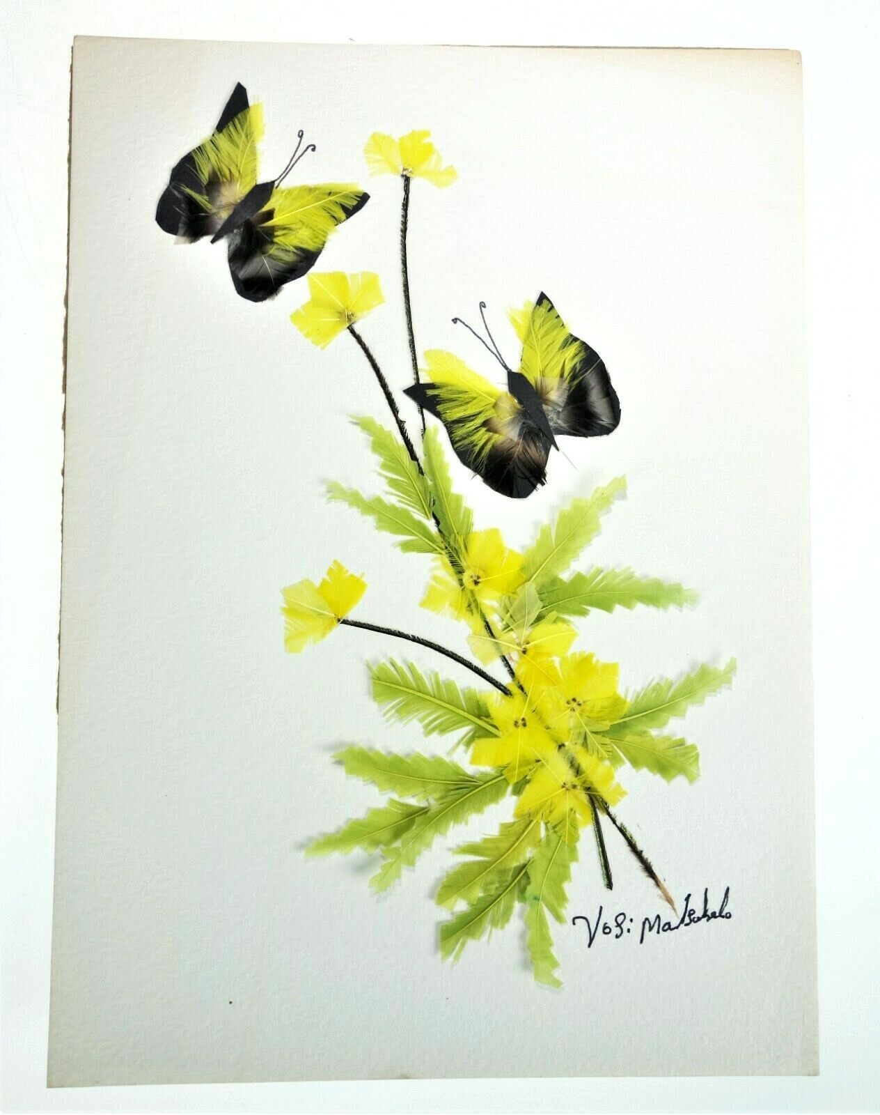 Feather Art Butterflies Signed Handmade Vtg Picture Unique Colorful