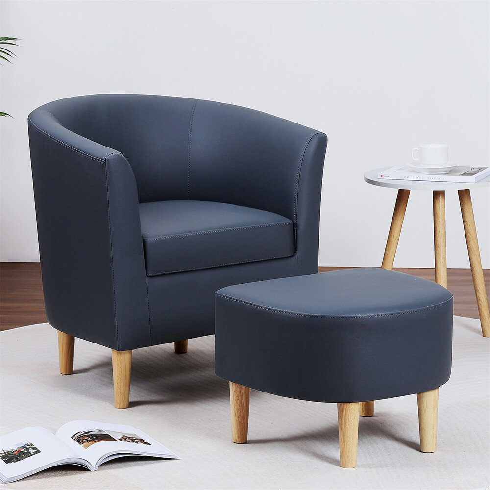 Modern Upholstered Accent Arm Chair Faux Leather Single Sofa Chair with Ottoman