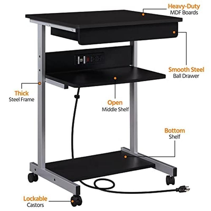 Mobile Laptop Desk W/ Power Outlet USB Ports Rolling Computer Table on Wheels