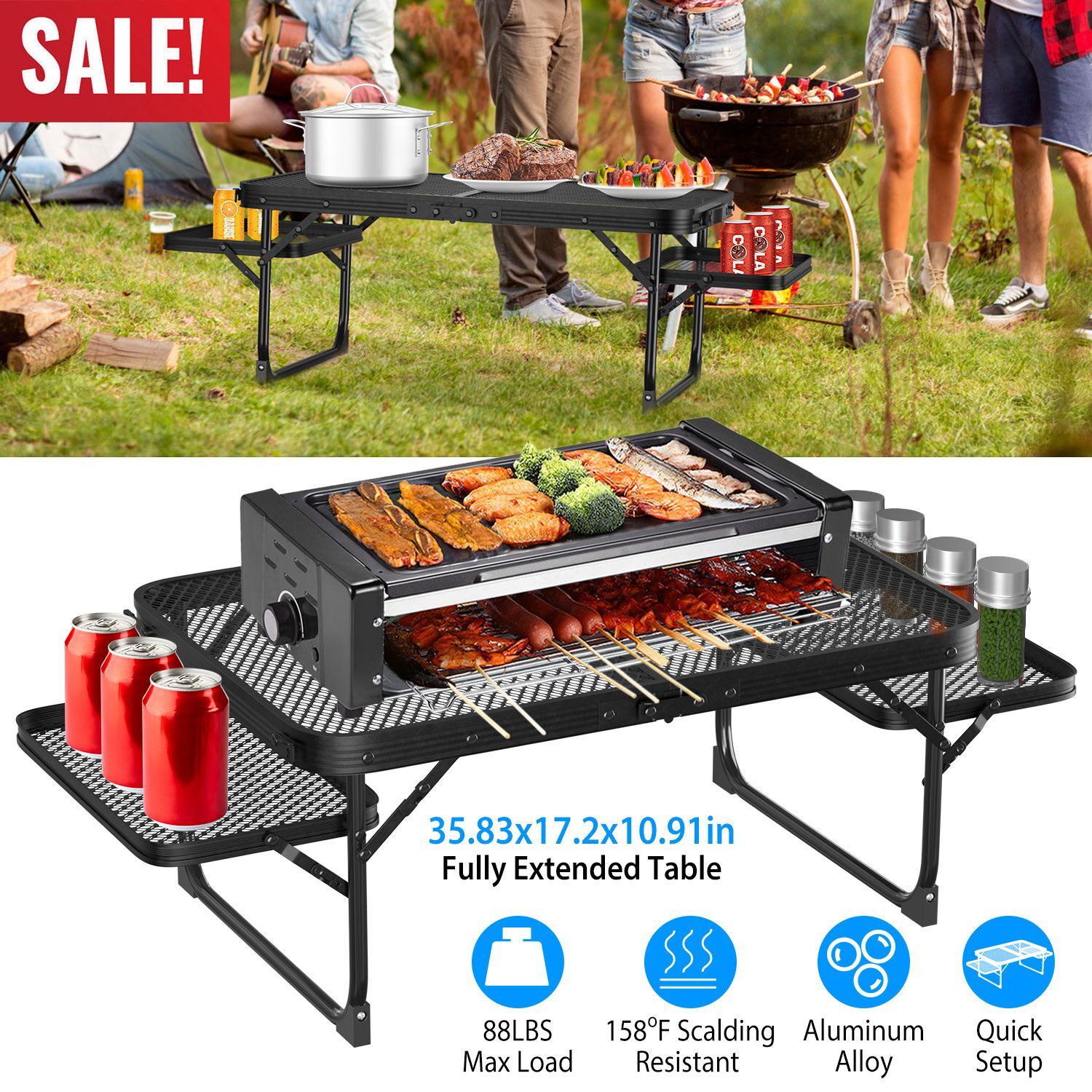 Folding Camping Table with 2 Wing Panel Aluminum Picnic Table Heat Resistant