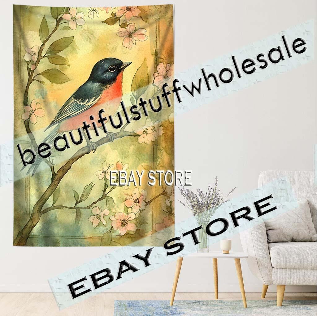Spring Blossom Tapestry Robin spring light wall fabric poster 39X59 in
