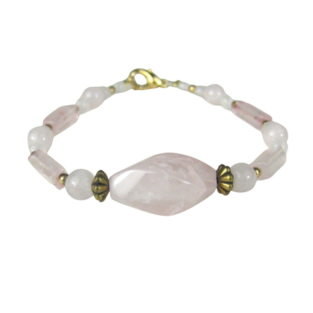 Handcrafted Rose Quartz Stone Bracelet Gold Tone Beads