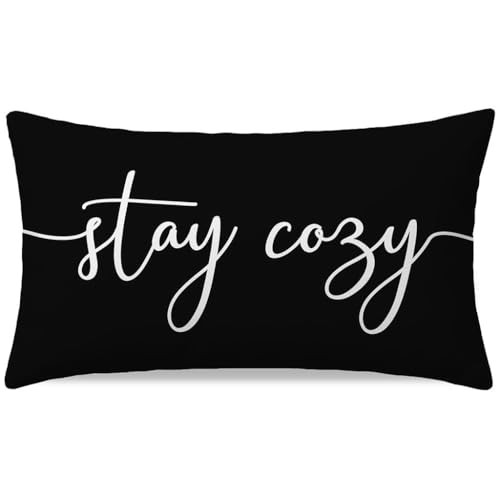 Black and White Pillow Cover 12x20 Inch, Stay Cozy Modern Farmhouse Lumbar