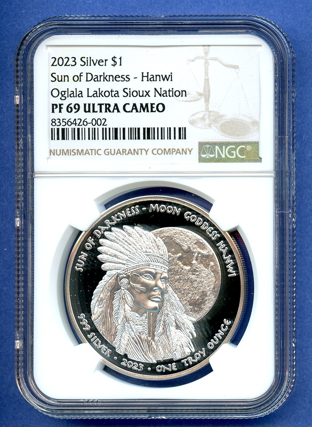 2023 NGC PR69 UCAM Oglala Lakota Sioux Nation Sun of Darkness Hanwi $1 Silver