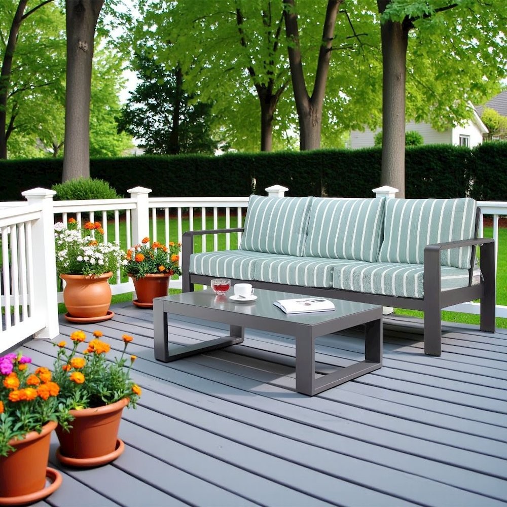 Green Outdoor Sofa With Cushions, Patio Couch for Three With Aluminum Frame