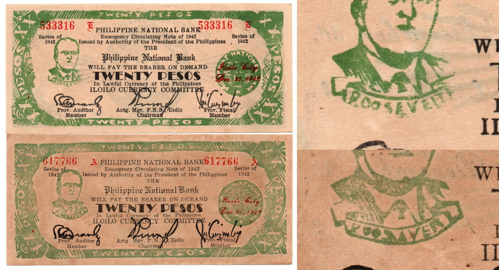 PHILIPPINES 1942 Iloilo 20 Pesos S318 WW2 (x) MISSPELLING In ROOSAVELT w/A AU+