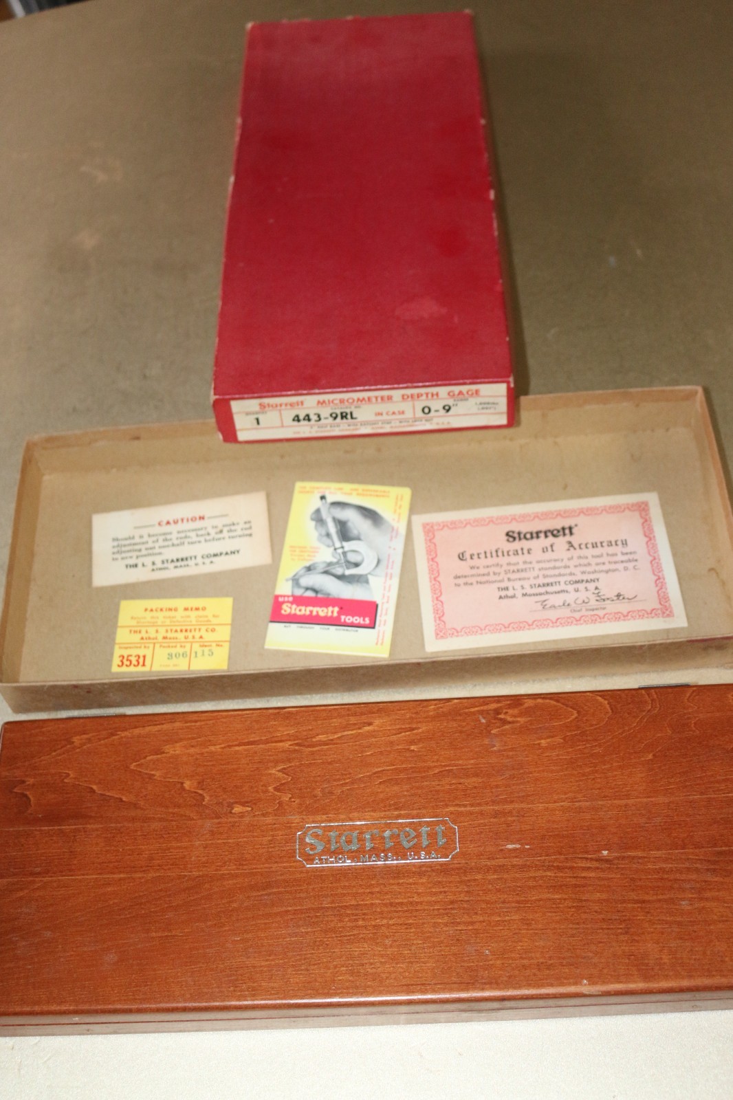 Starrett Micrometer Depth Gage No. 443-9RL, range 0"-9" EMPTY WOOD CASE w/ BOX