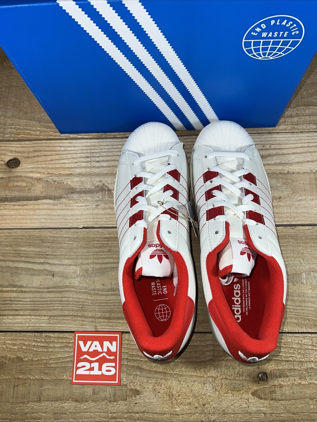 NEW SZS 11-12: Men's Adidas Superstar Low Shell Toe Leather Shoe White/Vivid-Red