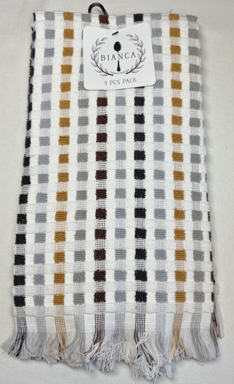 BIANCA KITCHEN TOWELS (3) BLACK GRAY GOLD STRIPES BLOCKS 100% COTTON NWT