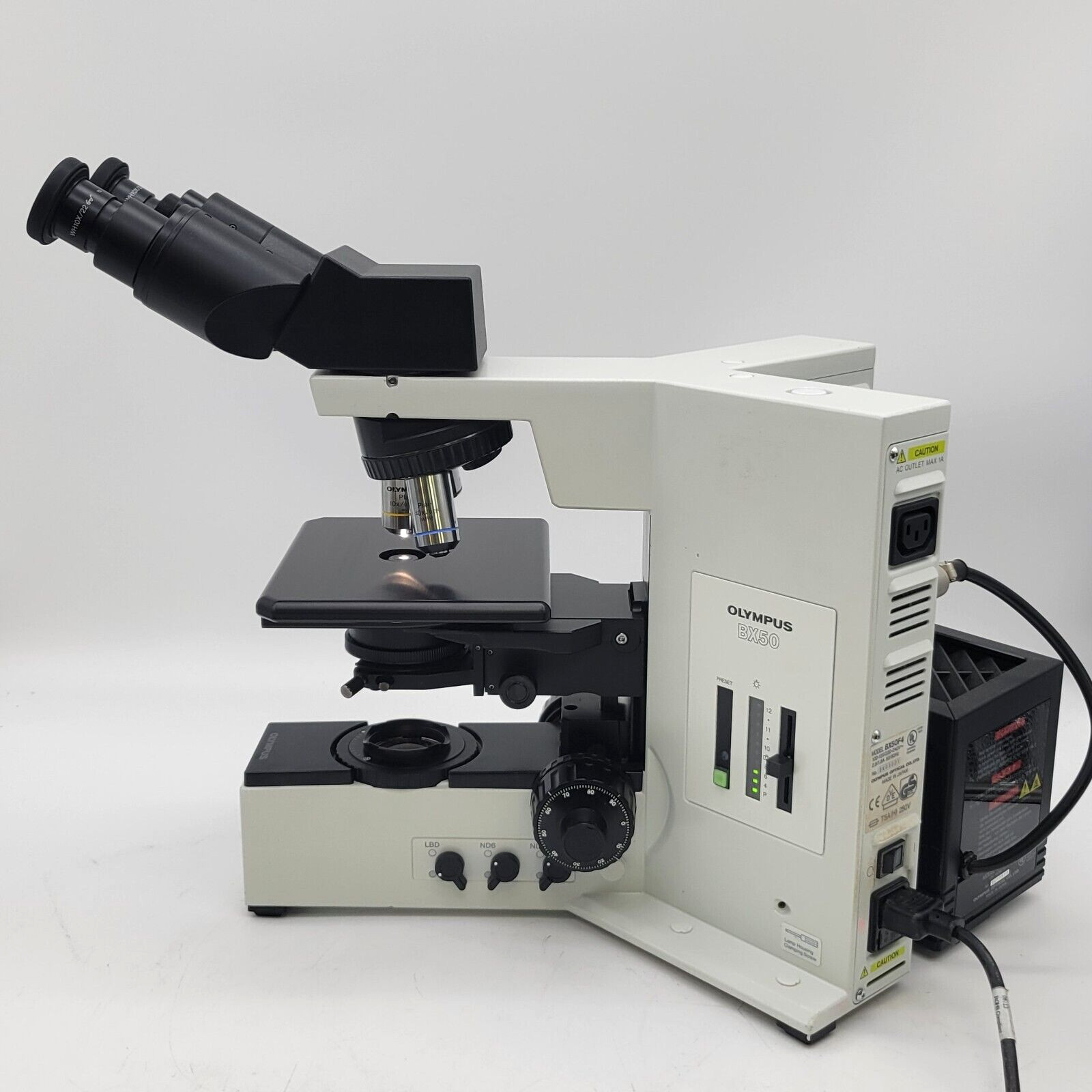 Olympus Microscope BX50 w. Binocular Head, Fixed Stage & 4x, 10x, 40x Objectives