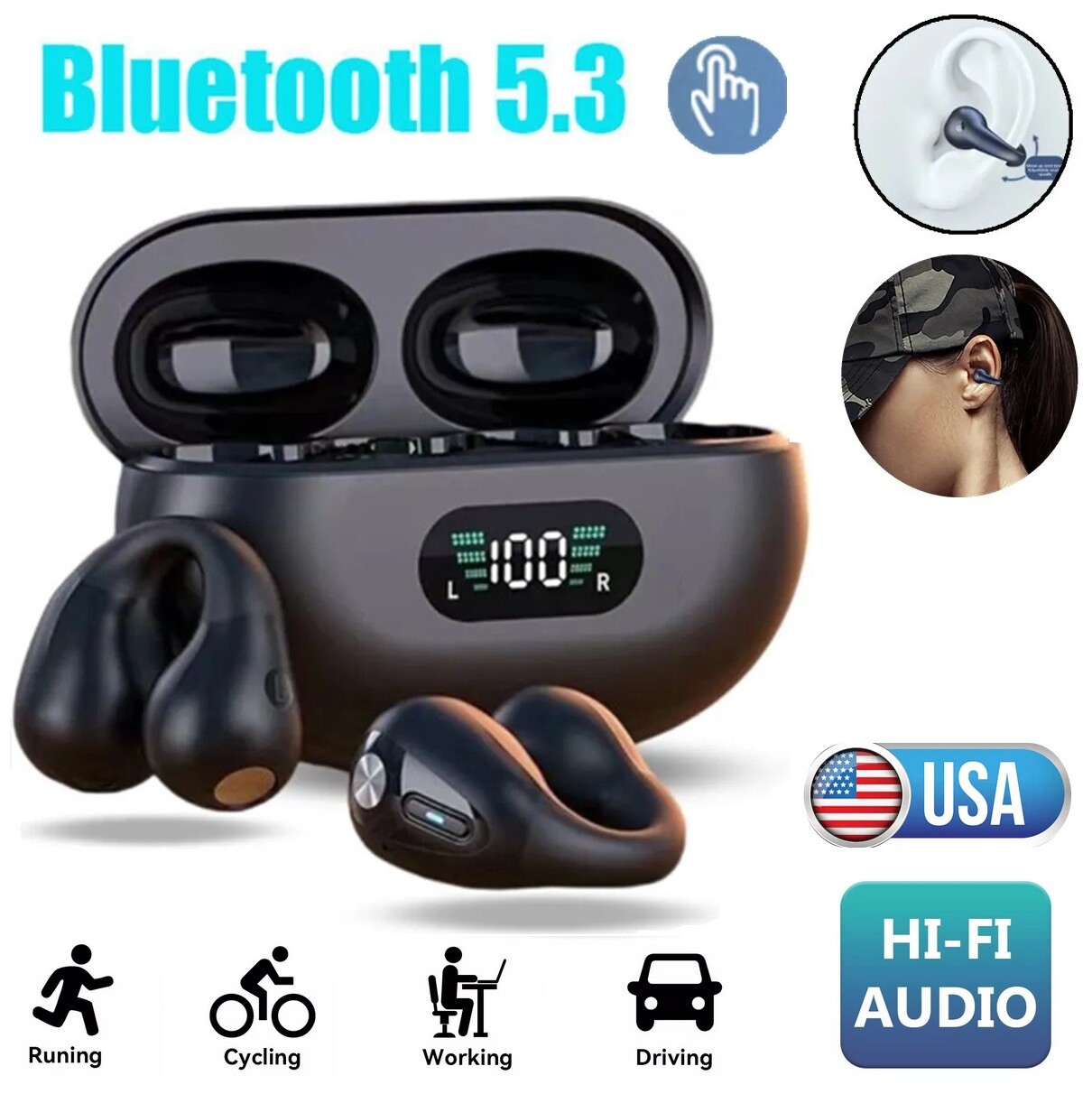 Bluetooth 5.3 Wireless Earbuds Ear Clip Bone Conduction Headphones Sport Headset