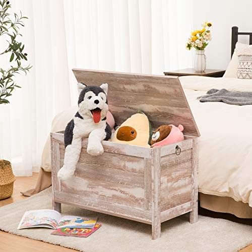 Storage Chest, Retro Toy Box Organizer with Safety Hinge, Sturdy Oak White