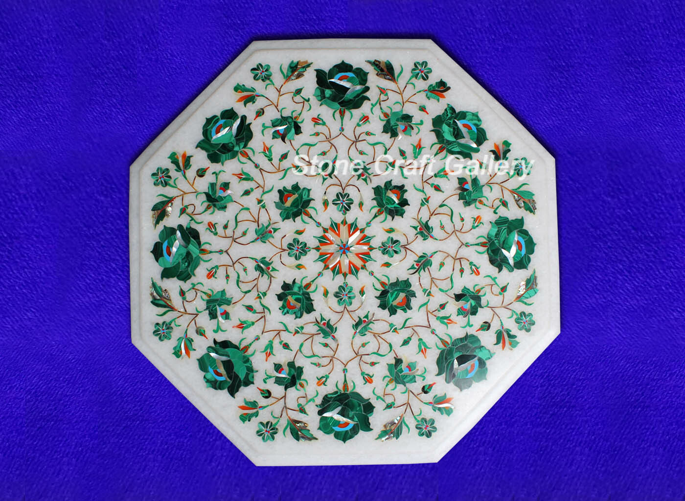 15" Marble Table top handmade Malachite inlay semi precious stones Work