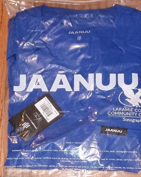 Jaanuu Helia Slim Notched V-Neck Scrub Top Laramie County College Blue M NWT