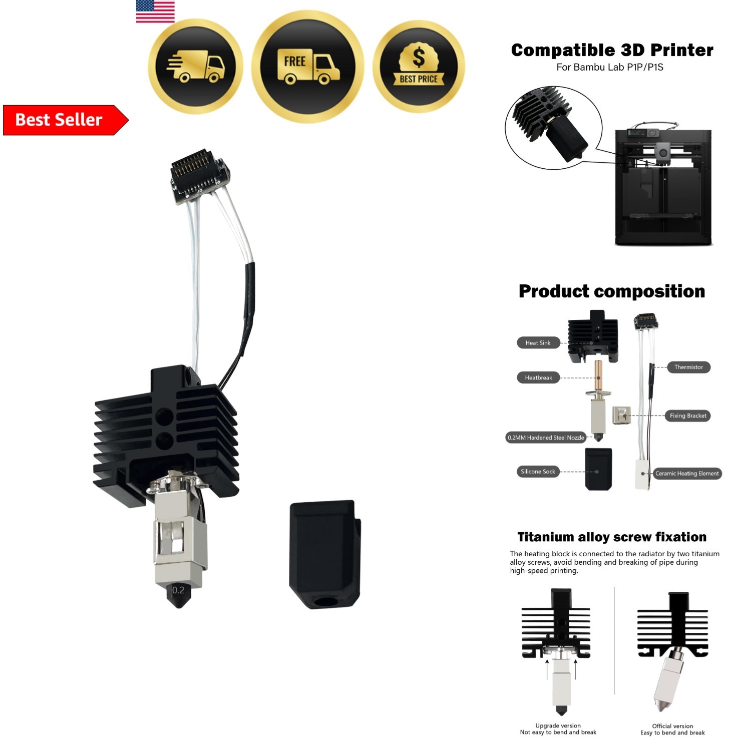 Hotend 0.2mm Ceramic Extruder Printhead Kit for P1P P1S 3D Printer Replacement