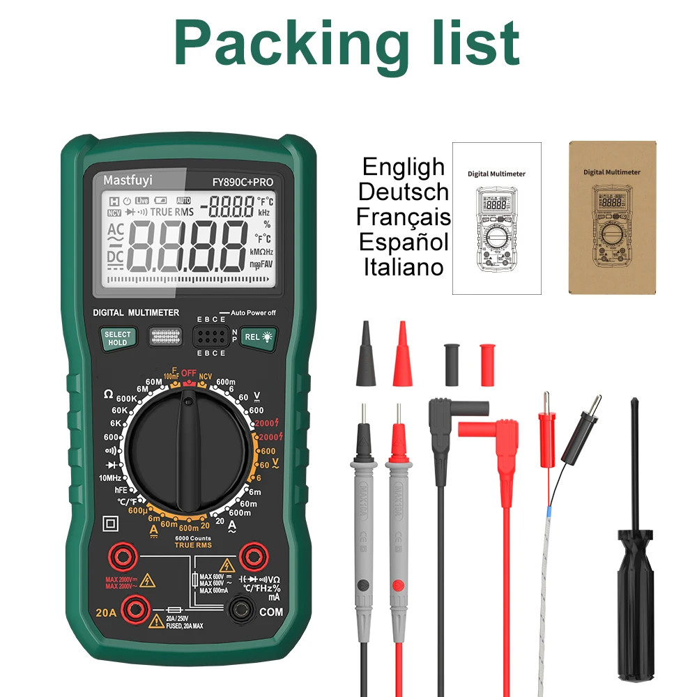 Digital Multimeter 6000 Count AC/DC 2000V/20A True RMS Temperature Tester for El