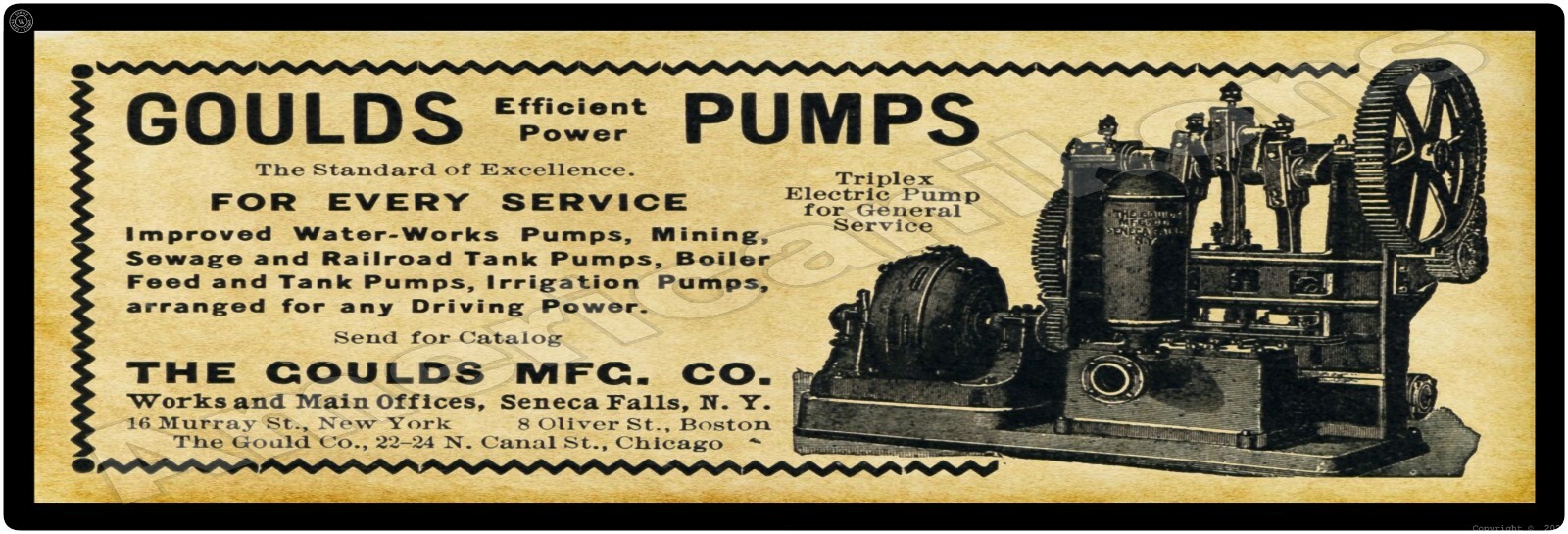 1901 Gould's Mfg. New Metal Sign: Mining, RR Pumps - Seneca Falls, NY  - 6 x 18"