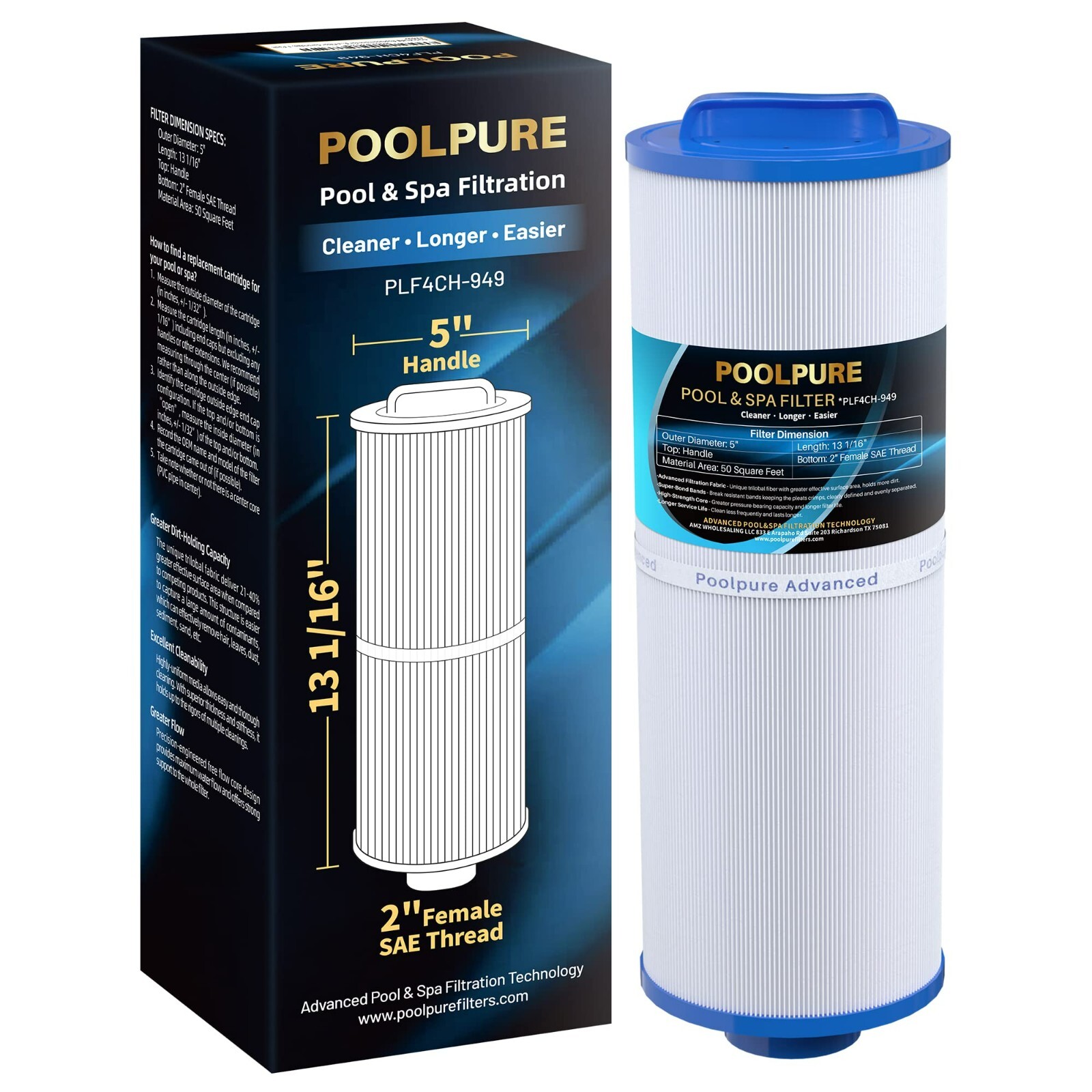 POOLPURE 4CH-949 Spa Filter Replaces Pleatco PWW50L, Filbur FC-0172, SD-01143