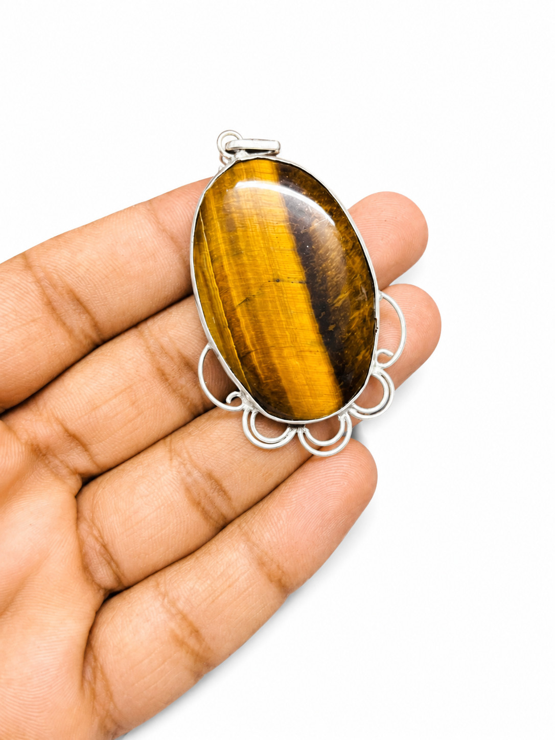 Natural Tiger Eye Pendant 925 Sterling Silver Oval Handmade Gemstone Jewelry