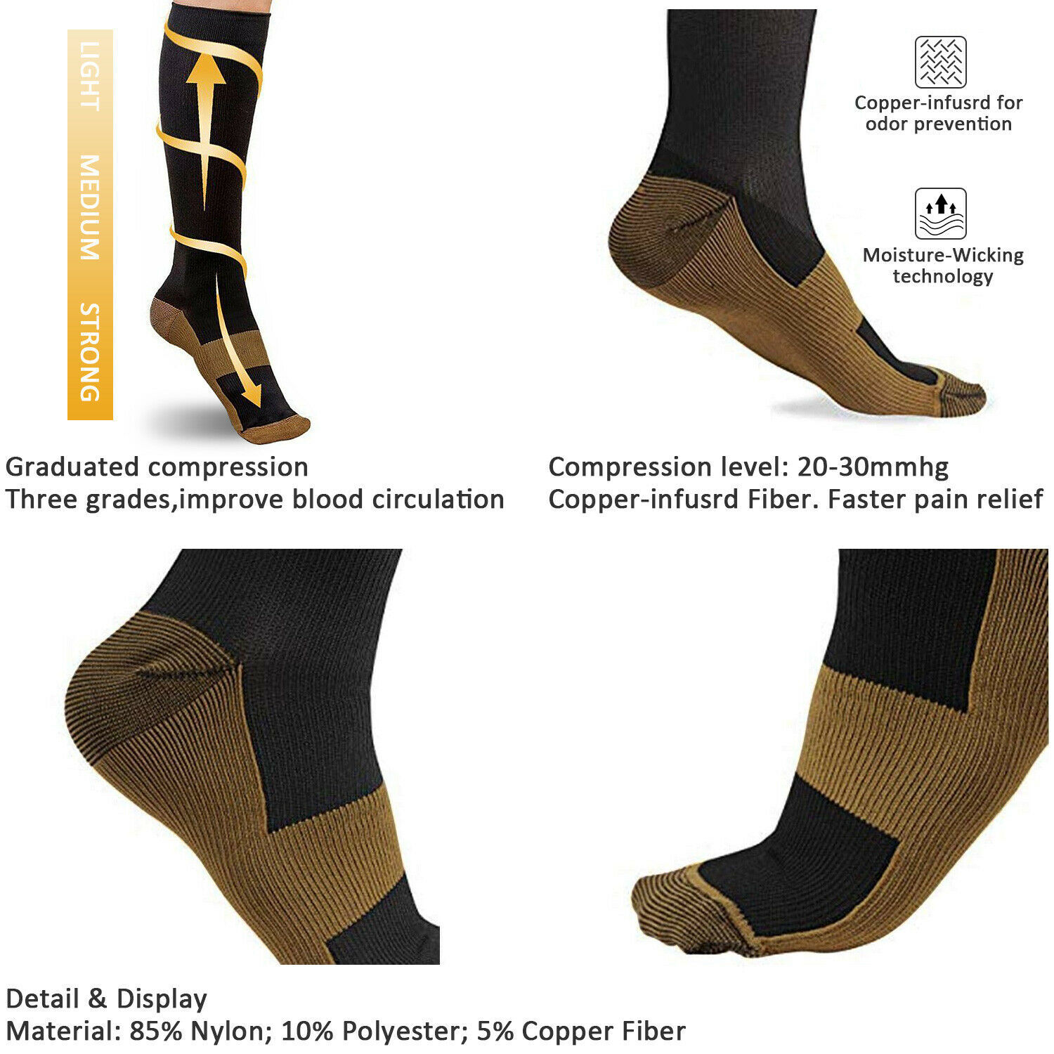 6/12Pairs Copper Compression Socks 20-30mmHg Graduated Support Men's Women's XXL