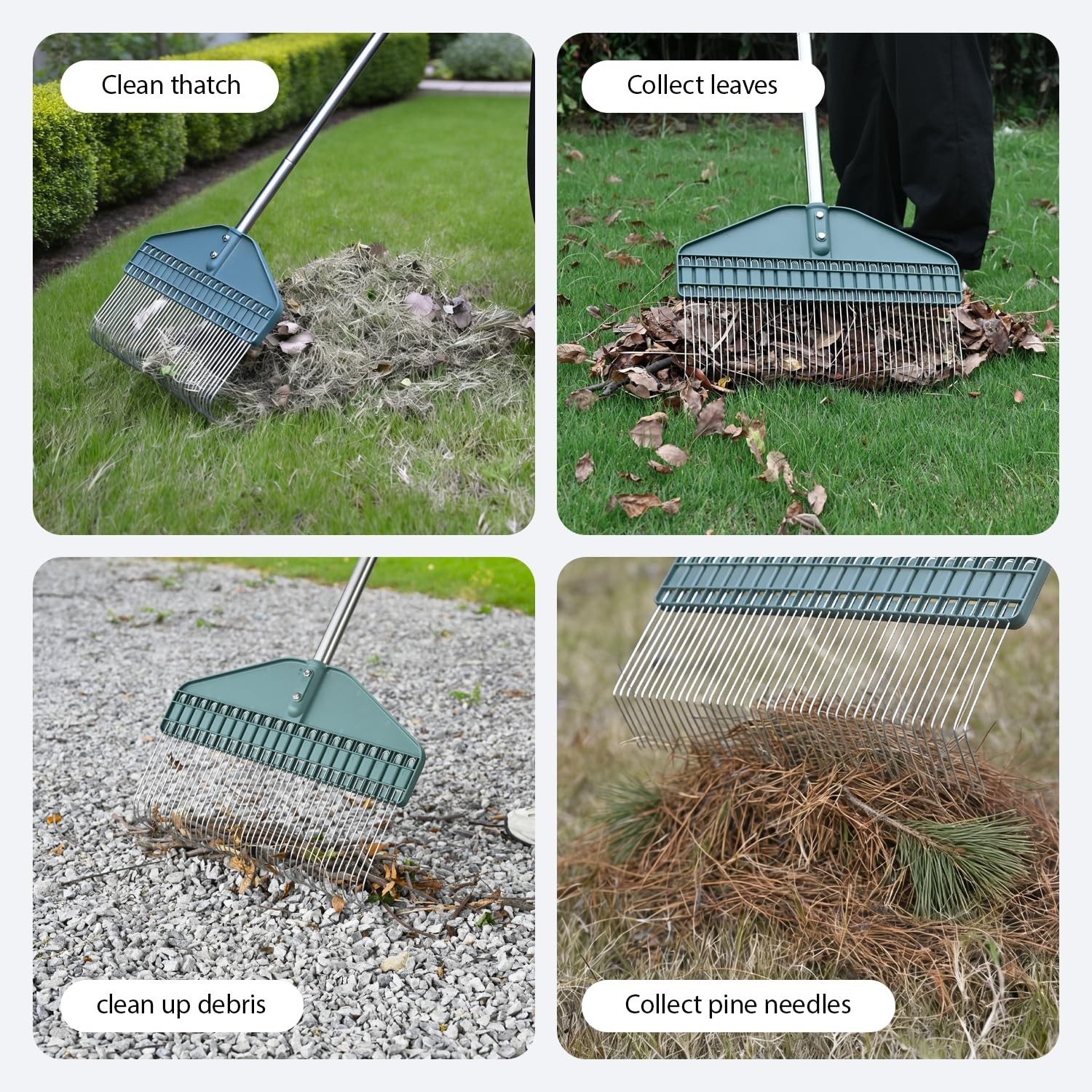 Adjustable Thatch Rake 66" Handle, 17" Durable Dethatcher for Lawn Care