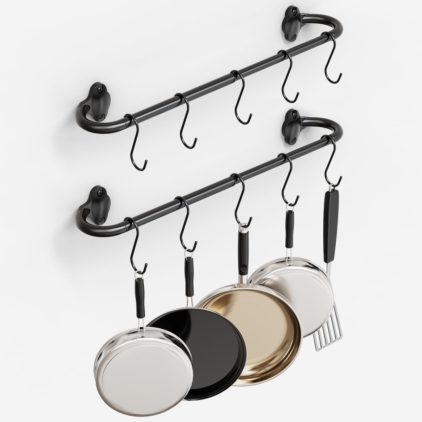 2 Pack 32 Inch Matte Black Hanging Pot Pan Rack with 10 Hooks Wall Mounted