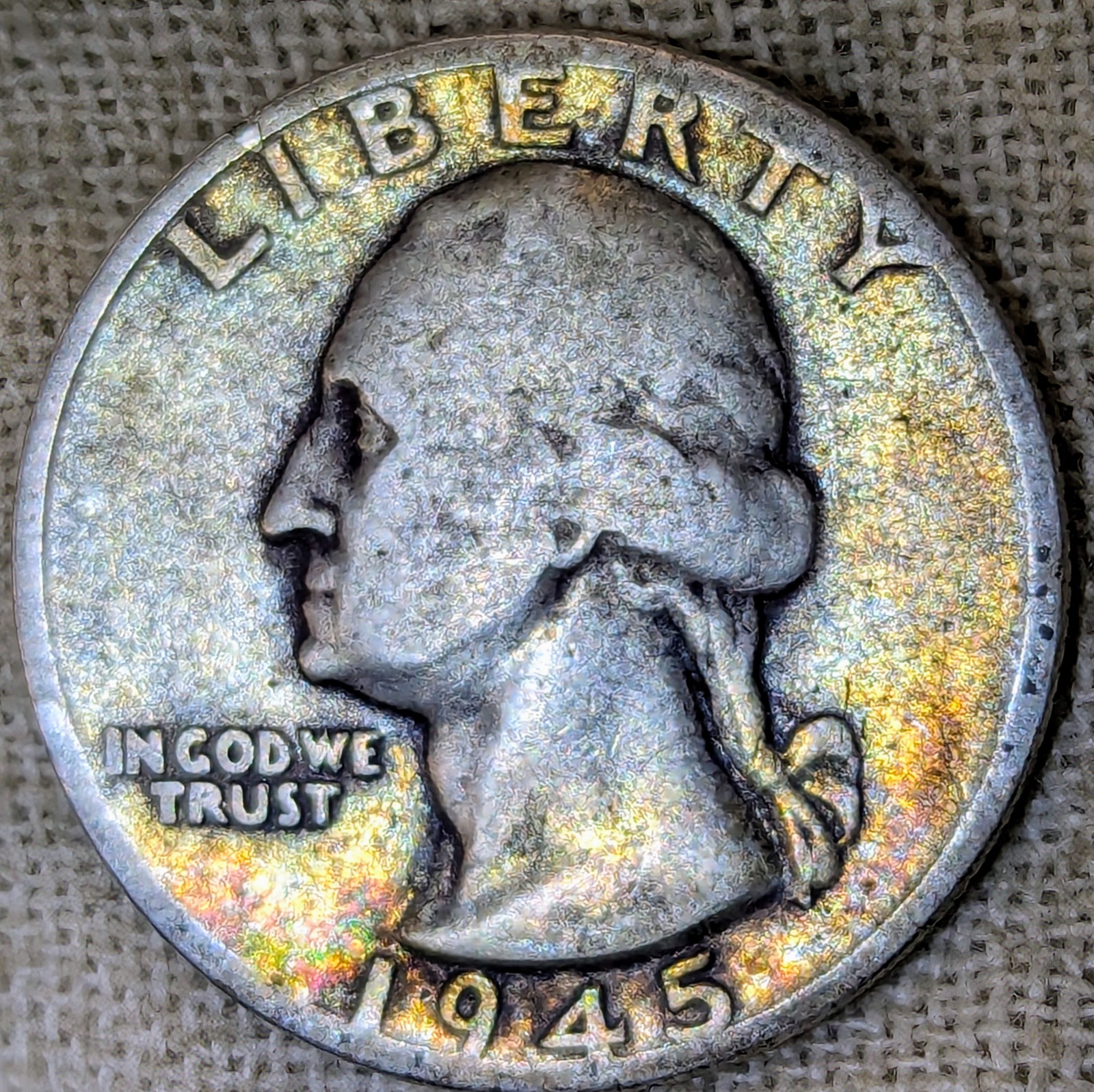 Lot of 3 1945 Washington Quarters PDS : Rainbow Tone - .9 Fine Silver Coins
