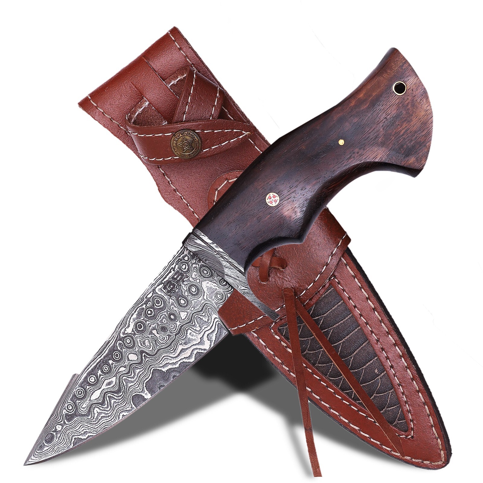 3S Safari Damascus Hunting Skinning Knife - Fixed Blade Hunting/Leather Sheath