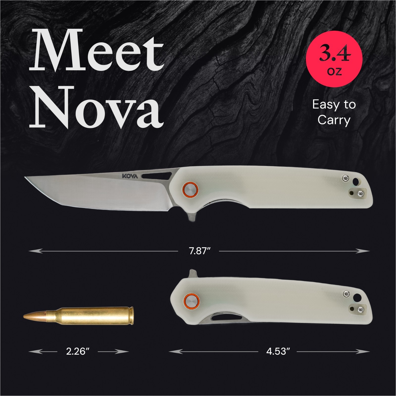 KOVA Nova Folding Knife – 3.35″ D2 Steel Drop-Point Blade, Jade G10 Handle