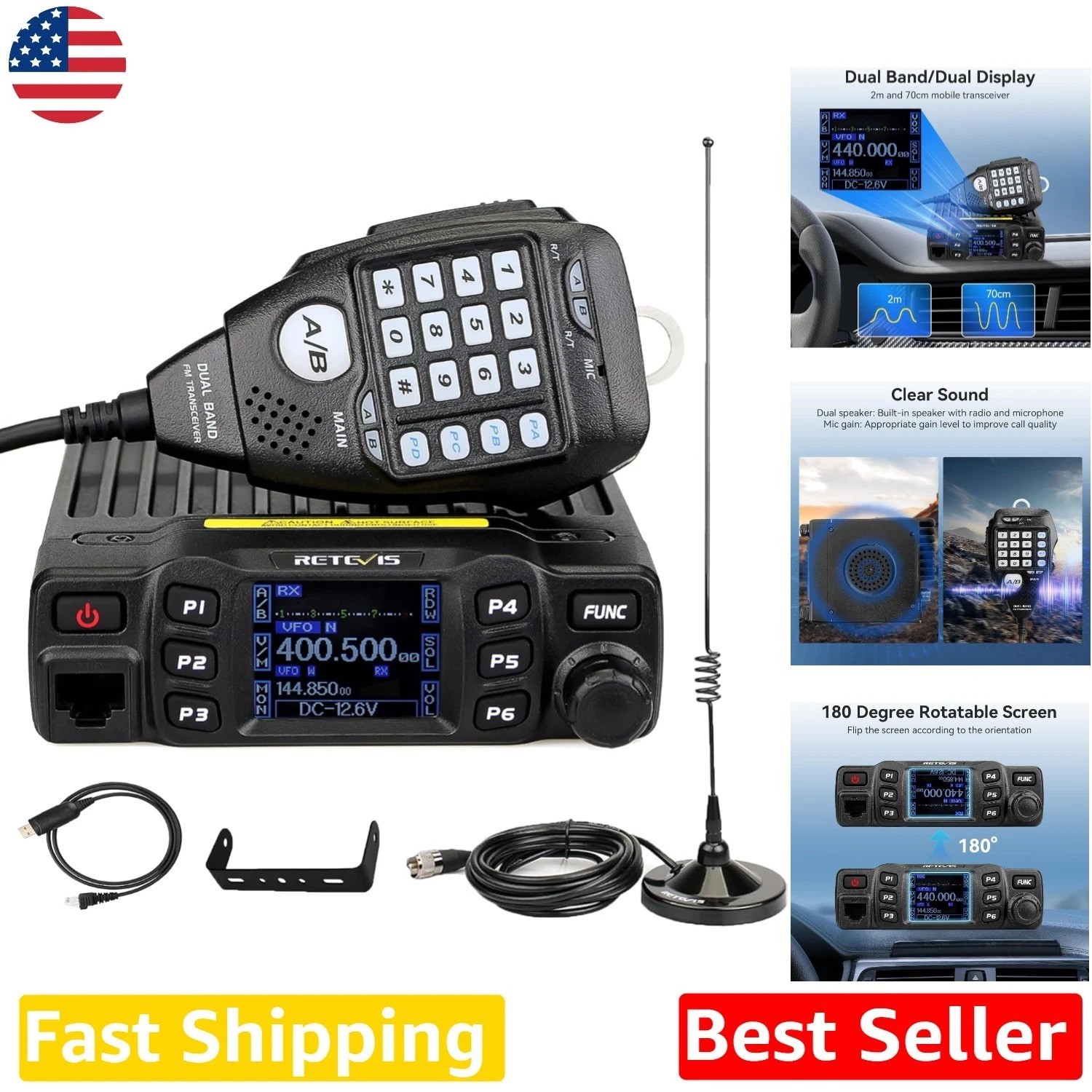 RT95 Dual Band Mobile Radio, 200 Ch, Rotatable LCD, Long Range Ham Transceiver